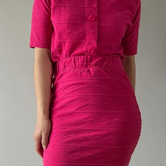 vtg 80s hot pink knit two piece fitted skirt set short sleeve top retro small - Picture 6 of 7